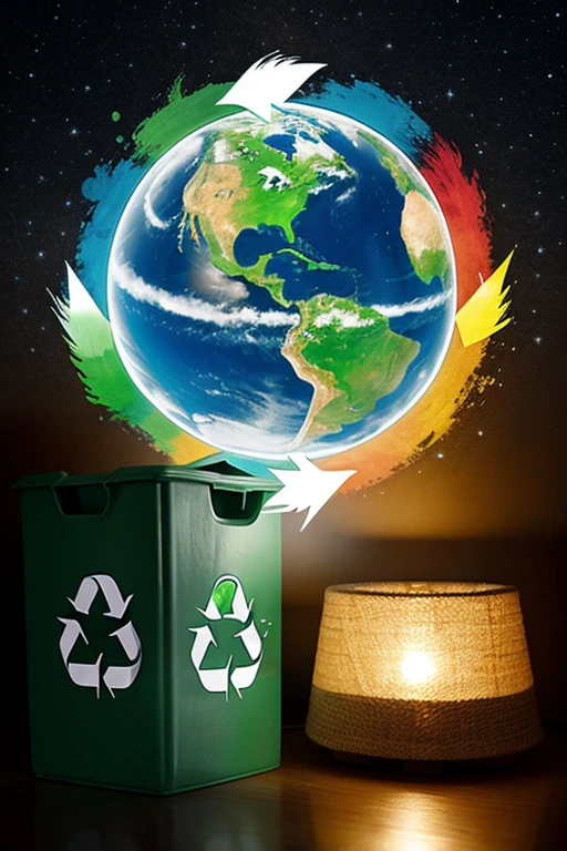Create an image that represents the care and solutions to protect the environment and highlight a specific one such as recycling, saving light and water, among others.
