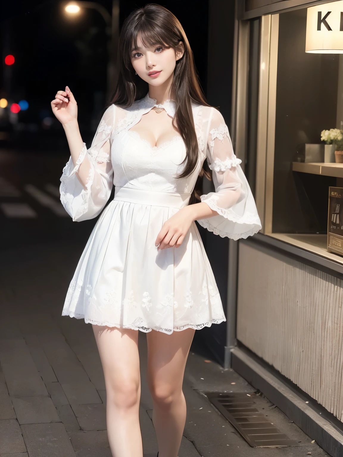 ((Realistic lighting, highest quality, 8k, masterpiece:1.3)), (Lock focus:1.2), (((fullbody,standing))),1 girl, Beautiful woman with perfect figure:1.4, : Beautiful Japanese Girl、Leg Length，(Pale skin), (Big eyes),（((Cute toothy smile：0.8))），（Plump, sexy lips),((Very delicate skin))，Delicate face，double eyelid，((Dark brown long hair、bangs)), (White lace puff sleeves:1.4）,Background: Shibuya cityscape，Emphasize，Narrow eyes，double eyelid，（Let&#39;s start from the bottom：1.manner，（Mid-chest：1.2），Sexy long legs， （Thigh Gap：1.5），Wide Hips，S-shaped body， Lifted my butt，Leg Length、Photographed from the front，Over-the-knee leather boots，