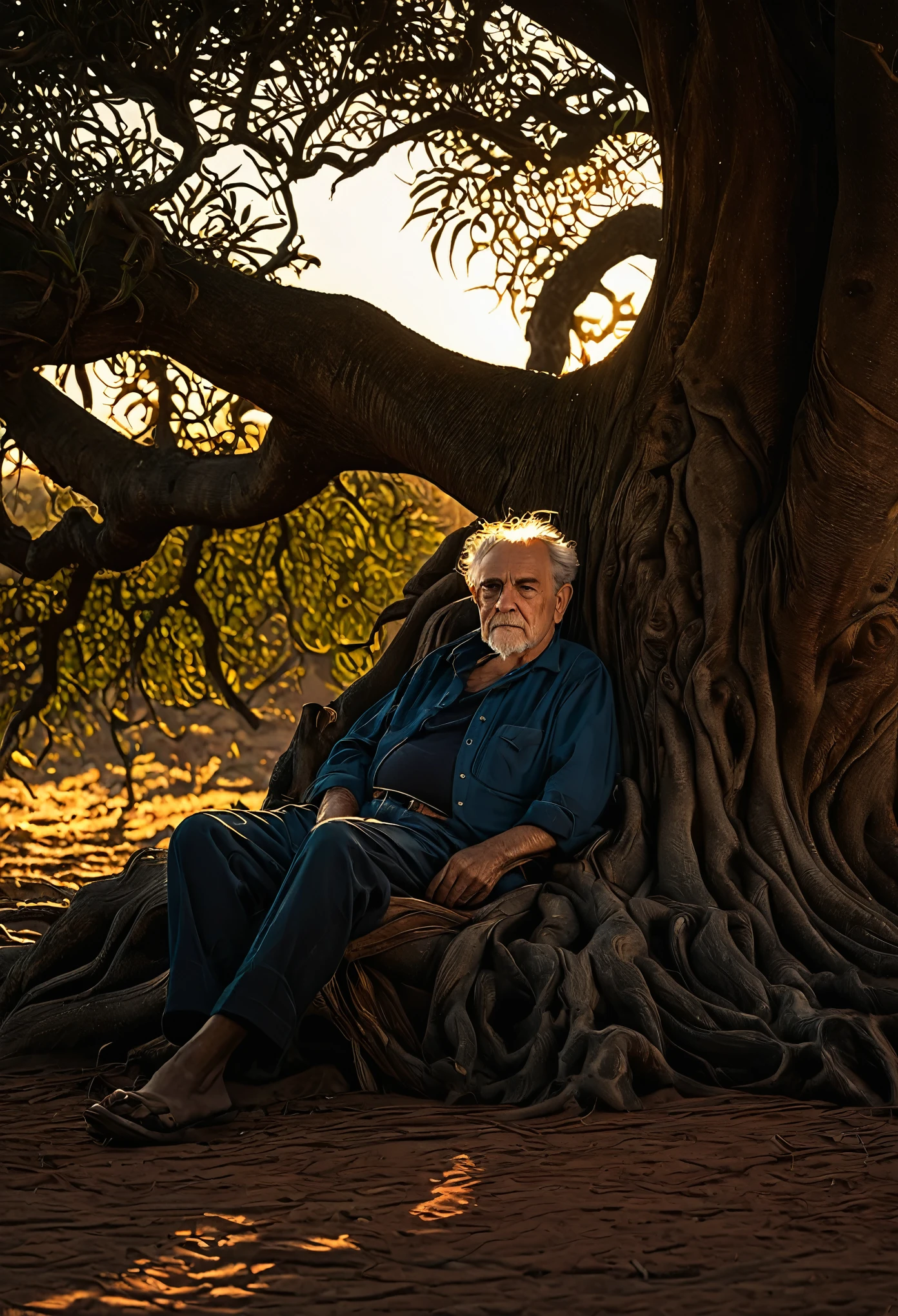 Image of an old man reclining in the shade of an ahuehuete tree at sunset in a country setting, emphasizing the beauty of the old man, time and life. Mystical atmosphere, sunset, setting sun, sunset shadows, natural light, close-up, ultra clear, ultra realistic, design shoot, moody atmospheric decor, award-winning photography, intricate lighting macro, soft atmospheric lighting, masterpiece, beautiful, incredibly detailed, perfect composition, intricate and incredibly detailed octane rendering that is trending on artstation, 8k fine art photography, photorealistic concept art, smooth natural volumetric cinematic perfect light, chiaroscuro, award-winning photography, masterpiece, oil on canvas, raphael, caravaggio , greg rutkowski, beeple, beksinski, giger