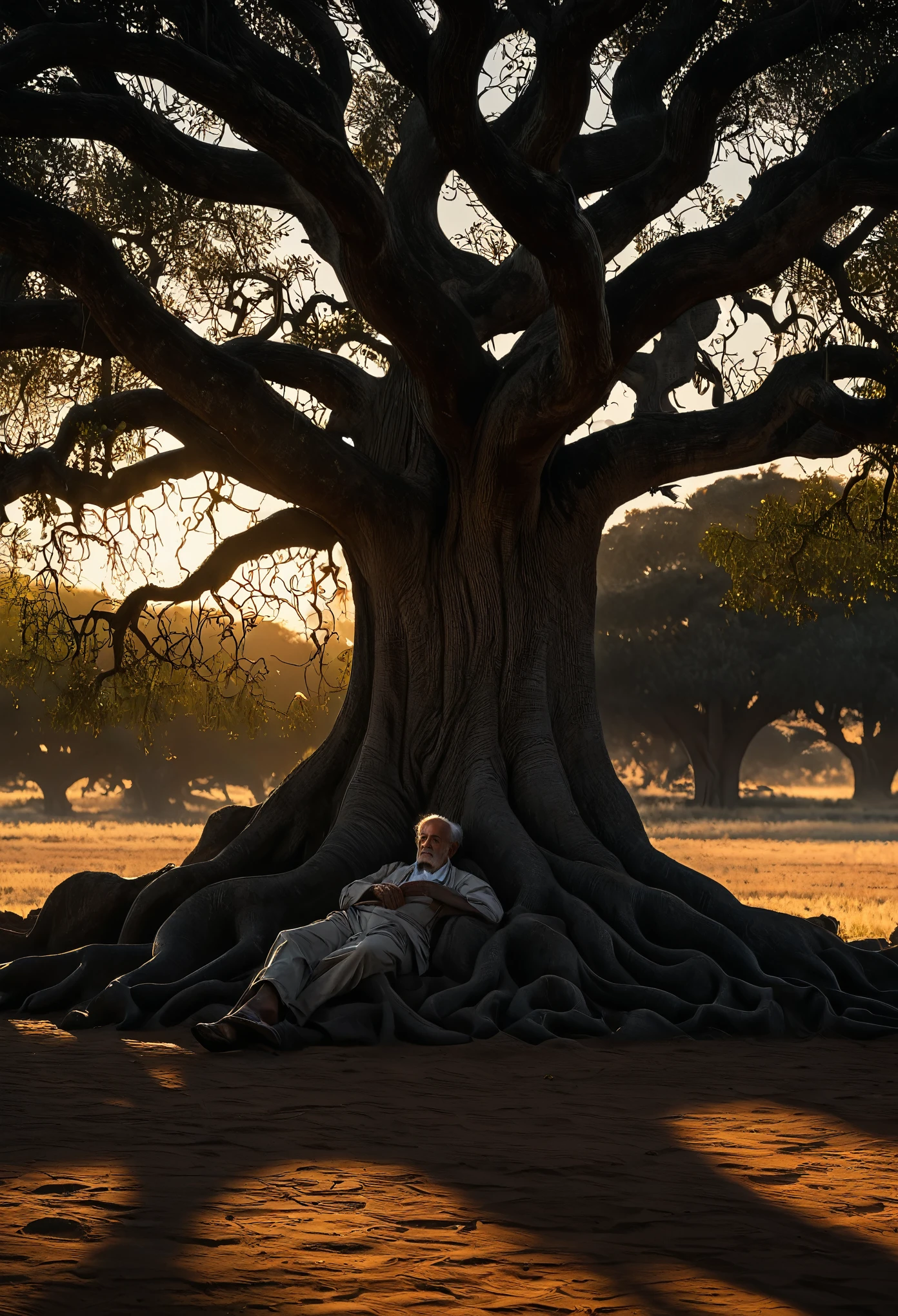 Image of an old man reclining in the shade of an ahuehuete tree at sunset in a country setting, emphasizing the beauty of the old man, time and life. Mystical atmosphere, sunset, setting sun, sunset shadows, natural light, close-up, ultra clear, ultra realistic, design shoot, moody atmospheric decor, award-winning photography, intricate lighting macro, soft atmospheric lighting, masterpiece, beautiful, incredibly detailed, perfect composition, intricate and incredibly detailed octane rendering that is trending on artstation, 8k fine art photography, photorealistic concept art, smooth natural volumetric cinematic perfect light, chiaroscuro, award-winning photography, masterpiece, oil on canvas, raphael, caravaggio , greg rutkowski, beeple, beksinski, giger