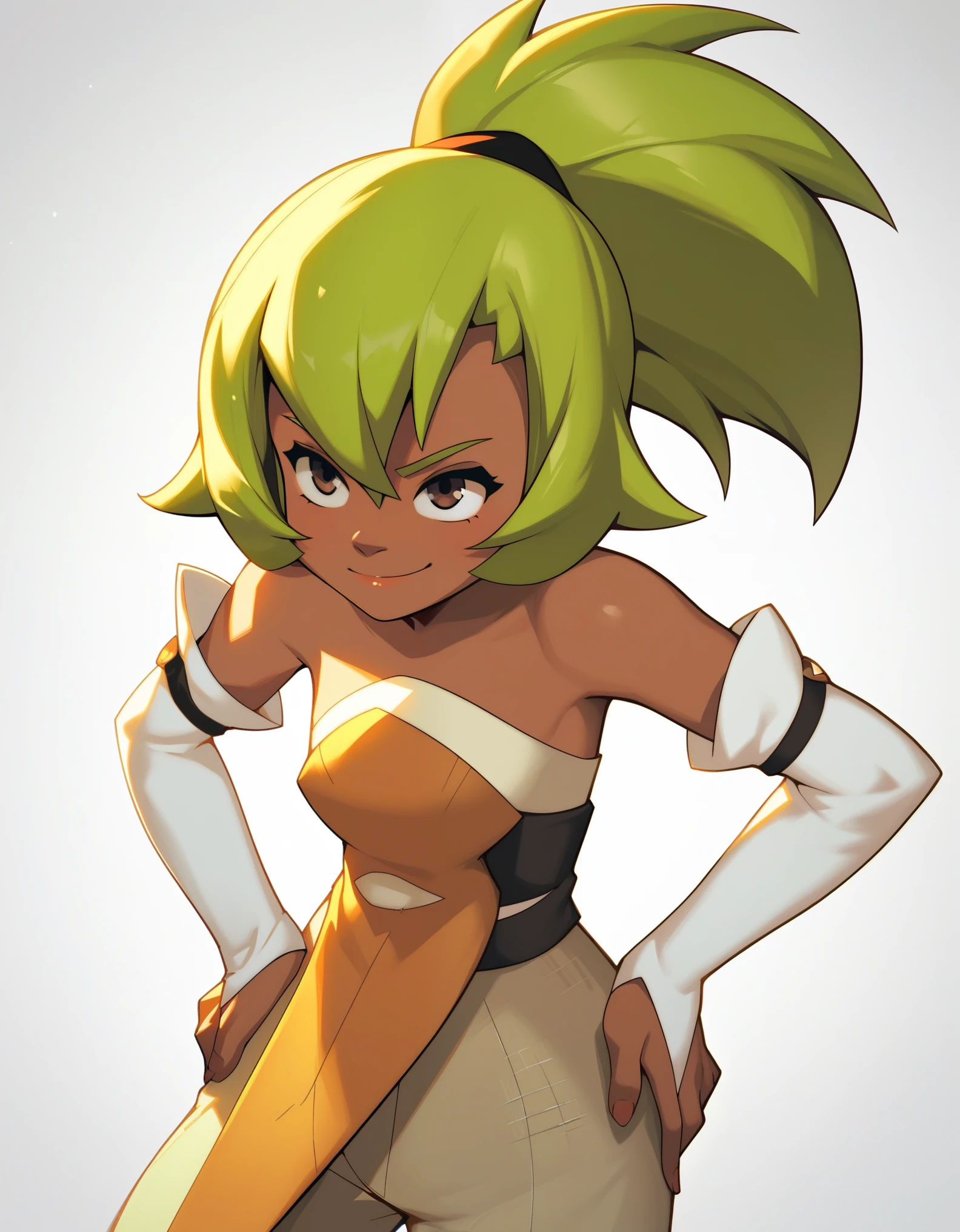 Score_9, score_8_up, score_7_up,  Amalia, 1girl, solo, brown eyes, dark skin, green hair, ponytail, bare shoulders, detached sleeves, pants,  smirk, hands on own hips,