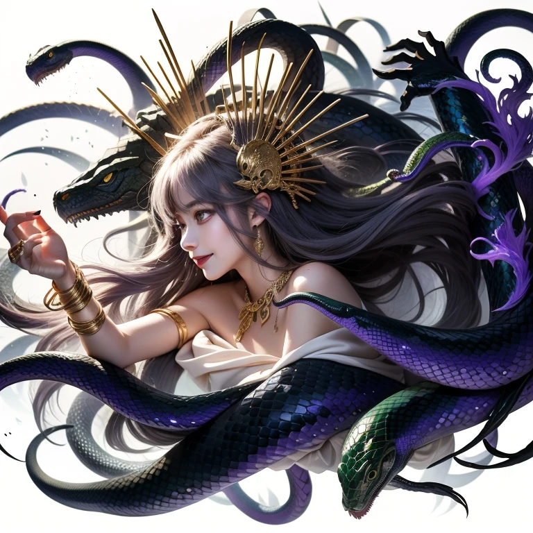 (masterpiece),(best quality:1.0), (ultra highres:1.0), detailed,Woman and snakes、Upper Body、profile、Cool smile、A woman with bare shoulders wearing a white cloth、Ferocious serpent、Real scale texture、The surface of the wet scales shines dully.、Menacing serpent、Facing left、Emerald green eyes、Gold Hair Ornament、Gold bracelet、Holding your right hand forward、He has long gold needles on the middle and ring fingers of his right hand.、Some snakes can see into space、Gray purple hair、Medium Hair、A woman, a snake and a mysterious black hand coming out of the darkness、Starry Universe、A white mist surrounds