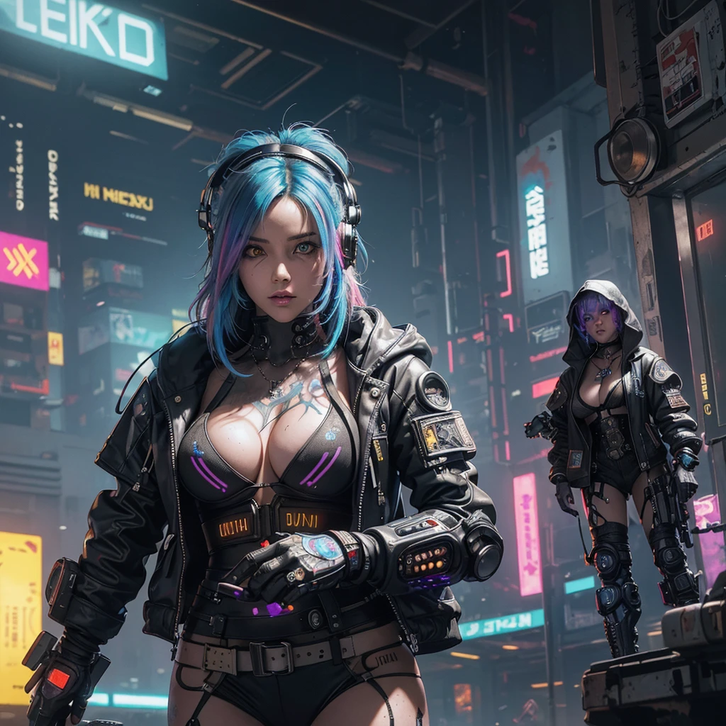 3/4 shot.Unbeatable masterpiece, Ultra photo realsisim, Perfect Artwork, Intricate details, Best Quality, strong lights,High contrast,((Post apocalyptic futuristic Cyberpunk , outline):1.35) , ((masterpiece)),((Extremely detailed)) , ((extremely detailed and beautiful face)) , Smoky makeup, Perfectcomposition , intricate detailes , neon light , neon trim, (full body Esbian:1.25) , (Official art) , Very delicately beautiful cyberpunk girl, long rainbow colored hair blowing in the wind, cybernetic limbs, vibrant yellow eyes, long detailed eyelashes, huge enormously gigantic tits, cleavage showing, wearing highly detailed futuristic oversized hooded battle armor, tons of tattoos and piercings(1girl:1.3) , Solo , (glass screen:1.2) , (Clear glass) , Tindall Effect , Colorful refraction , visual impact , (High light contrast) , Colorful , Melt , (Cyberpunk:1.2) ,(flinch :1.4) ,