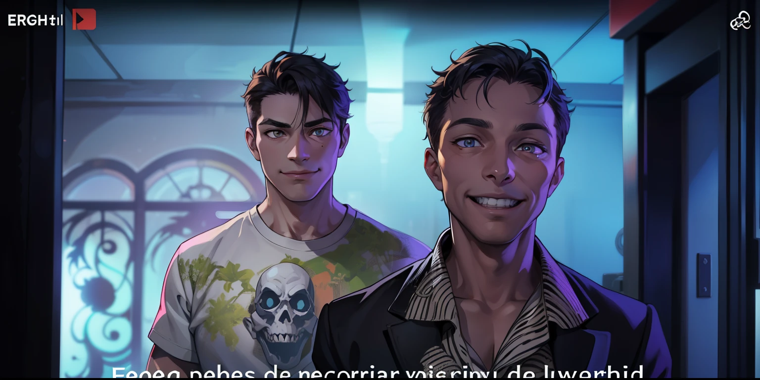 There is a 45-year-old man who speaks with an evil smile, he is an old evil villain with honey-colored eyes and a 17-year-old young man.