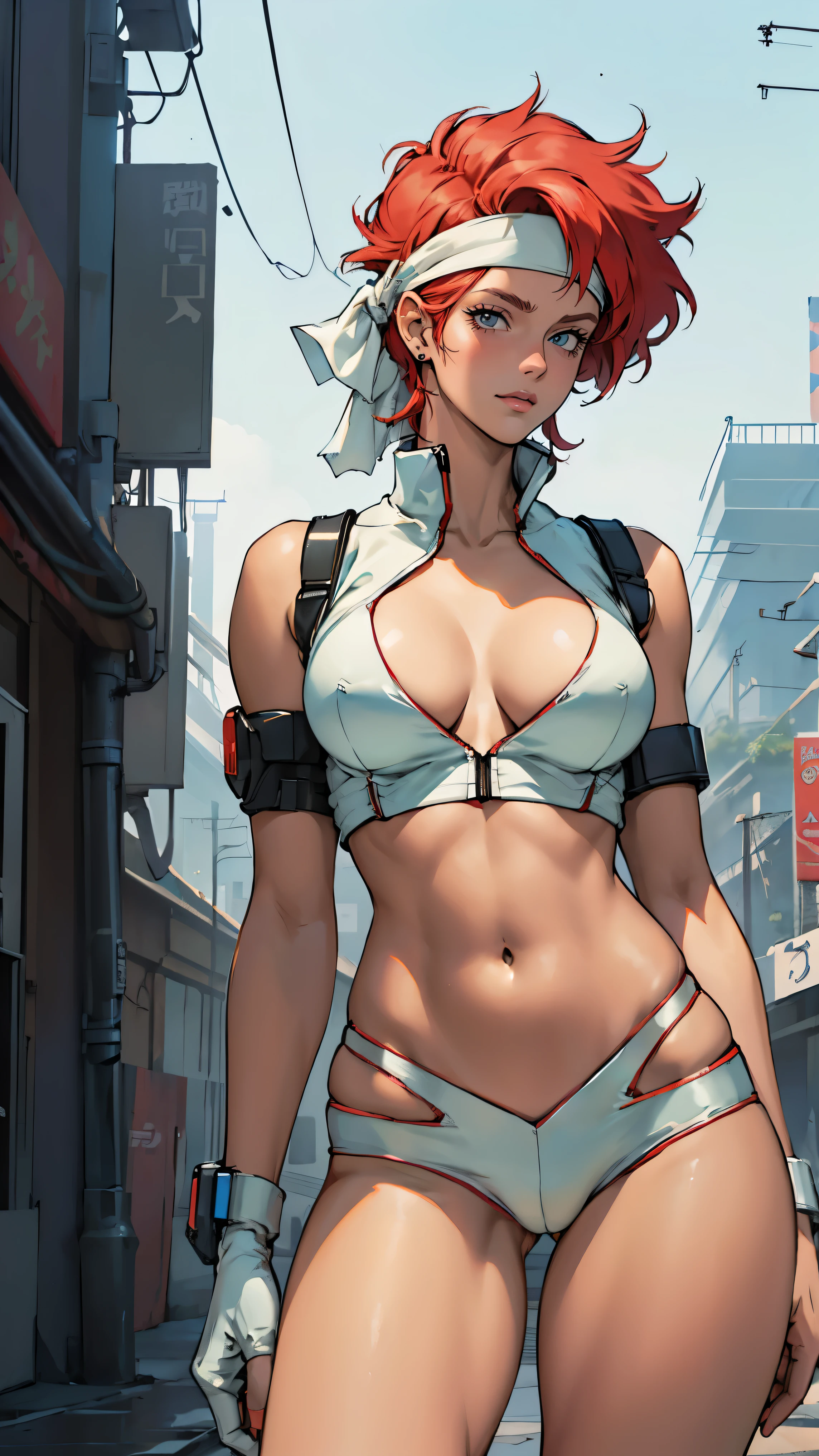 ((Masterpiece, highest quality; 1.3)), super quality, beautiful detail, super detailed, extra fine, 16K, exquisite, absurd, high resolution, beautiful background, detailed background, beautiful eyes, beautiful skin, anime style, Kay from Dirty Pair in a white outfit, tight outfit, cleavage, bushy redhead beauty, very light blue uniform, wearing tight clothes, skimpy, (mid chest: 1.2), cleavage, cleavage, slim waist , thin waist, slim thighs, thin legs, slim legs. thigh gap, showing stomach, skinny, thin hips, cyberpunk city background, retro space gun holding, headband, 