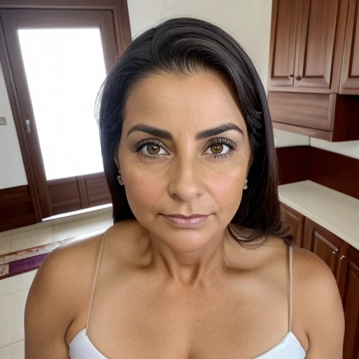 mujer madura, (((escote))), de pie, ((Piel limpia)), 40 years old, grande, (escote), pecas, cabello corto, rubio, Taza buena, (((vista frontal))), ((((cuerpo completo)))), ((cara seria)), ((pechos redondos)), (pechos caidos), ((comedor))