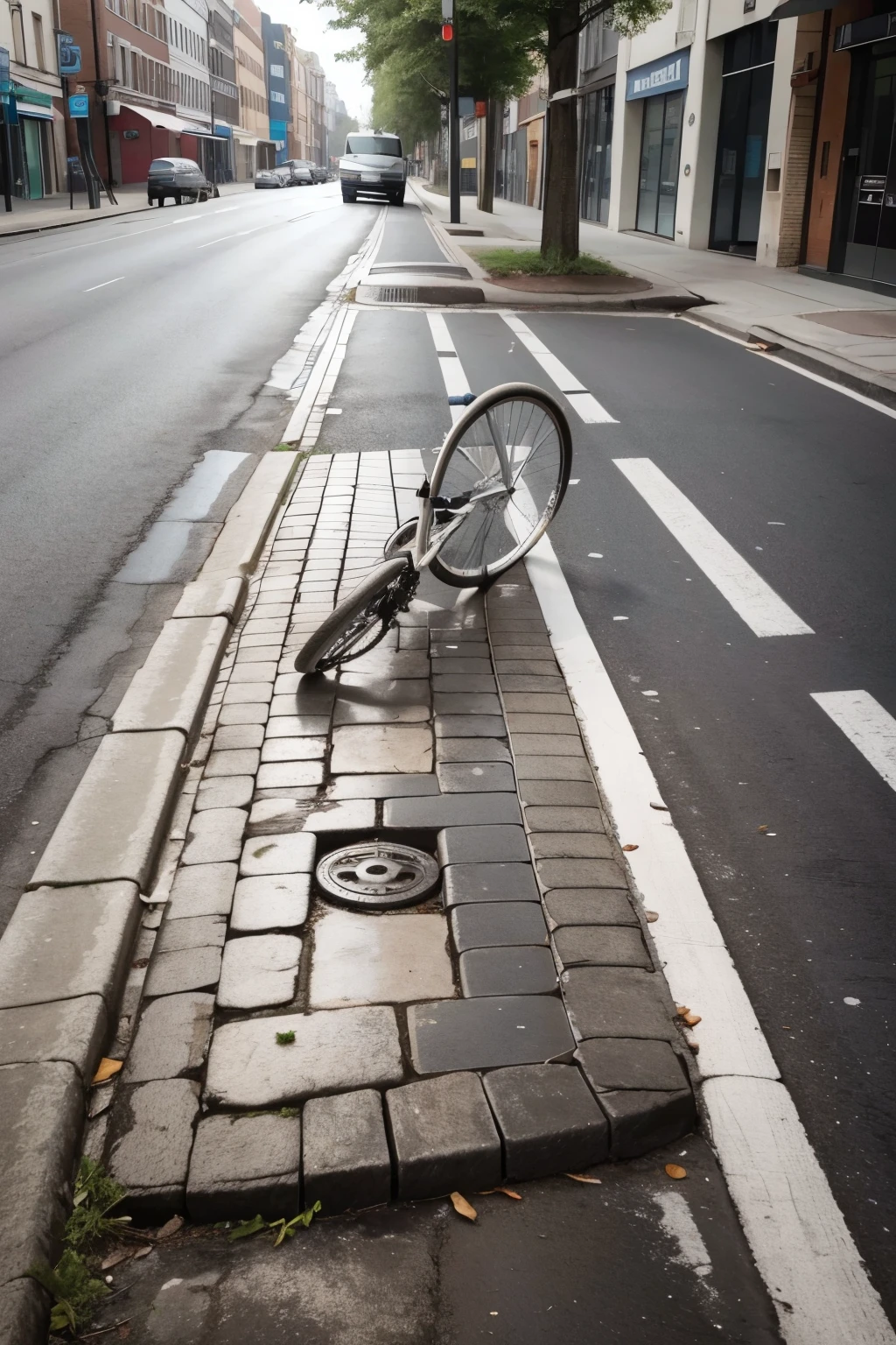 make an image of a bicycle lying on the ground with a manhole opening