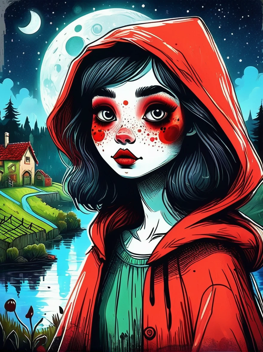 Cartoon hand drawn, 1girl, solo, Cute young charming little red riding hood girl，Strong zombie makeup, A dilapidated village by the lake, a dark forest and a vineyard，Starry nights，Gloomy and foggy atmosphere，The cute absurdity、The attraction and rejection of extraordinary appearance，Magical naive art，Bright blue and green，The color palette is in red, orange and black tones and has a sketchy style, The background should have a simple hand-drawn doodle pattern, 1shxx1