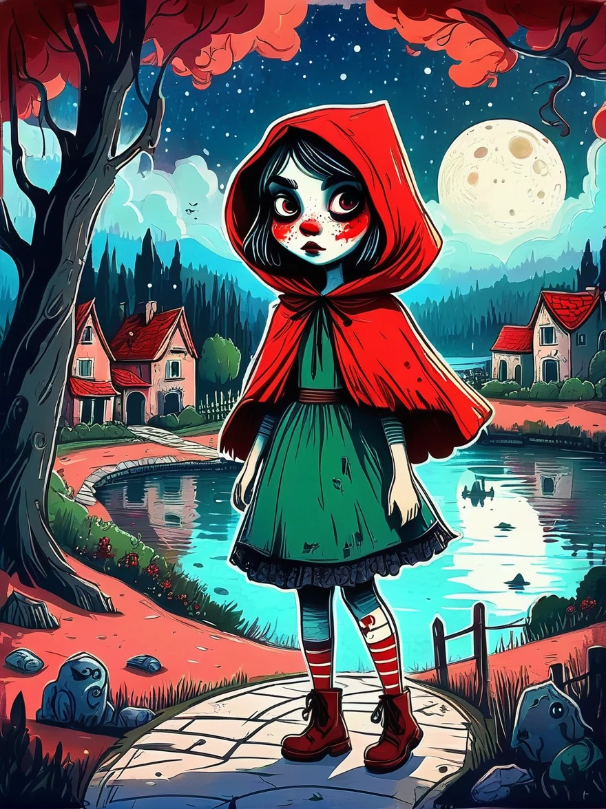 Cartoon hand drawn, 1girl, solo, Cute young charming little red riding hood girl，Strong zombie makeup, A dilapidated village by the lake, a dark forest and a vineyard，Starry nights，Gloomy and foggy atmosphere，The cute absurdity、The attraction and rejection of extraordinary appearance，Magical naive art，Bright blue and green，The color palette is in red, orange and black tones and has a sketchy style, The background should have a simple hand-drawn doodle pattern, 1shxx1