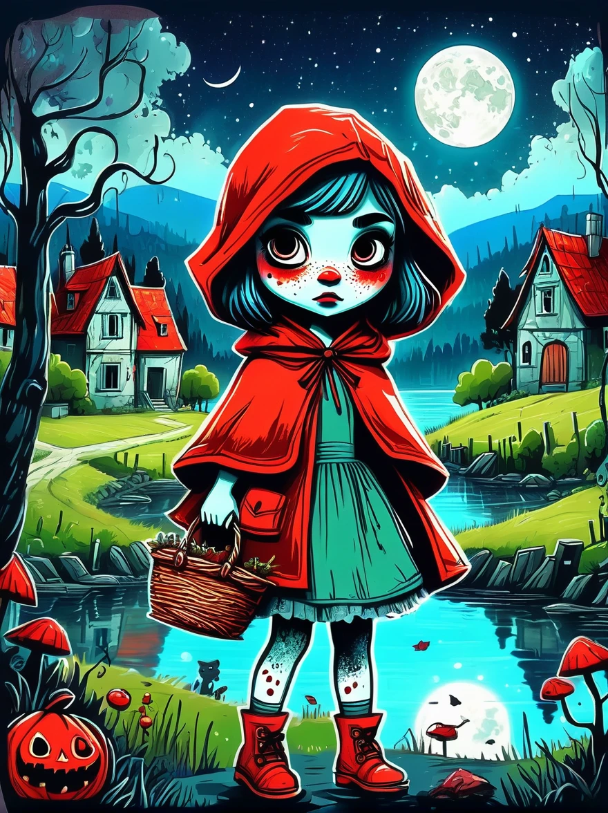 Cartoon hand drawn, 1girl, solo, Cute young charming little red riding hood girl,Strong zombie makeup, A dilapidated village by the lake, a dark forest and a vineyard,Starry nights,Gloomy and foggy atmosphere,The cute absurdity、The attraction and rejection of extraordinary appearance,Magical naive art,Bright blue and green,The color palette is in red, orange and black tones and has a sketchy style, The background should have a simple hand-drawn doodle pattern, 1shxx1