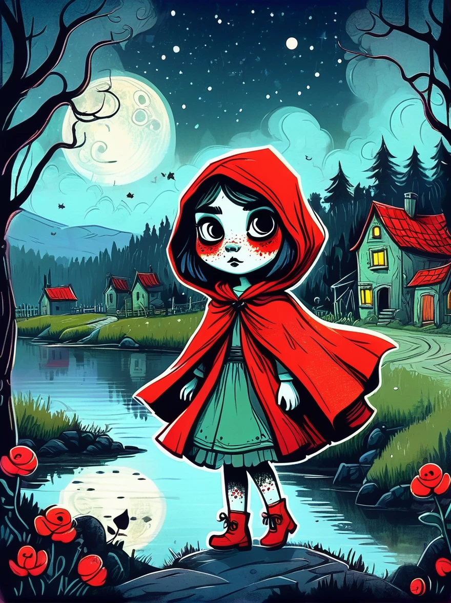 Cartoon hand drawn, 1girl, solo, Cute young charming little red riding hood girl,Strong zombie makeup, A dilapidated village by the lake, a dark forest and a vineyard,Starry nights,Gloomy and foggy atmosphere,The cute absurdity、The attraction and rejection of extraordinary appearance,Magical naive art,Bright blue and green,The color palette is in red, orange and black tones and has a sketchy style, The background should have a simple hand-drawn doodle pattern, 1shxx1