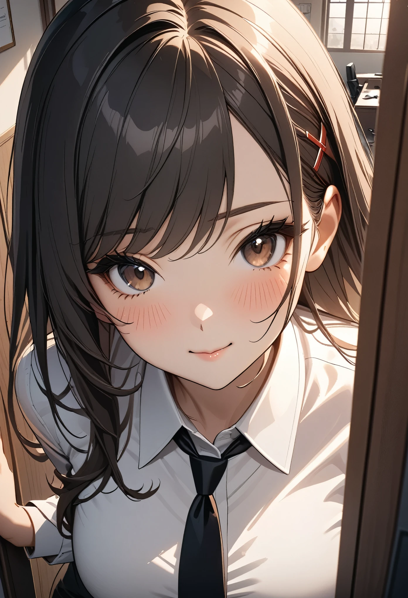 masterpiece, best quality, ultra-detailed, illustration, epic lighting, cinematic composition, isometric, 1girl, solo, cute, brown eyes, black hair, swept bangs, single sidelock, red hairclip, white collared shirt, black necktie, black pants, formal, enchanting gaze, captivating pose, indoors, office, door, opening door, looking at viewer, peeking out upper body, blush, seductive smile, closed mouth,(8k:1.1),
