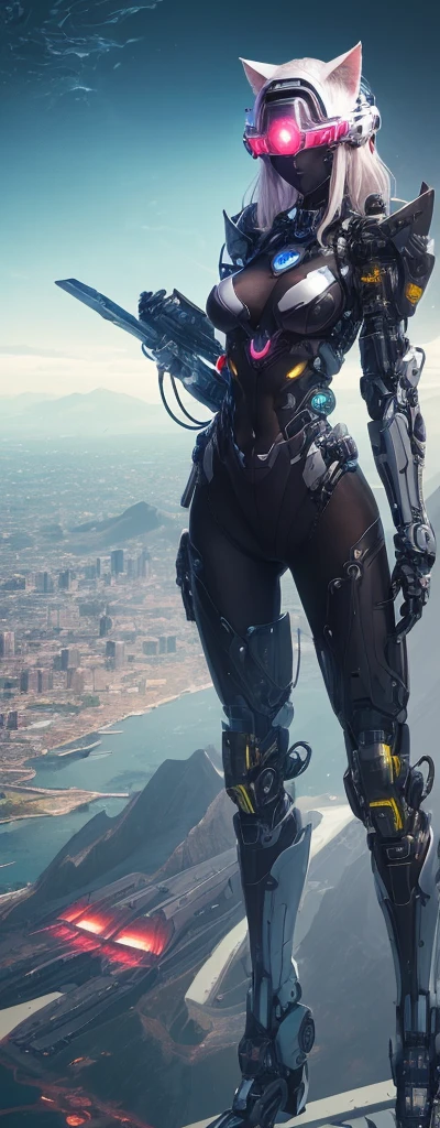 1 Girl, Skin-Tight Body-suite, (Black Body-Suite), Mecha-Cat Ears, ((wearing cybernetic Visor as Eye-Wear)), Gadgets, (bright white utopia city background with lots of Fauna), Japanese scene, fractalized, fractal_body