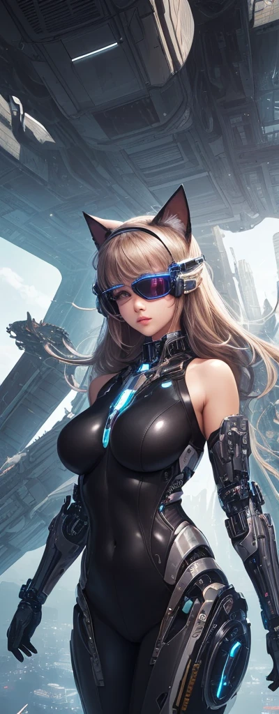 1 Girl, Skin-Tight Body-suite, (Black Body-Suite), Mecha-Cat Ears, ((wearing cybernetic Visor as Eye-Wear)), Gadgets, (bright white utopia city background with lots of Fauna), Japanese scene, fractalized, fractal_body