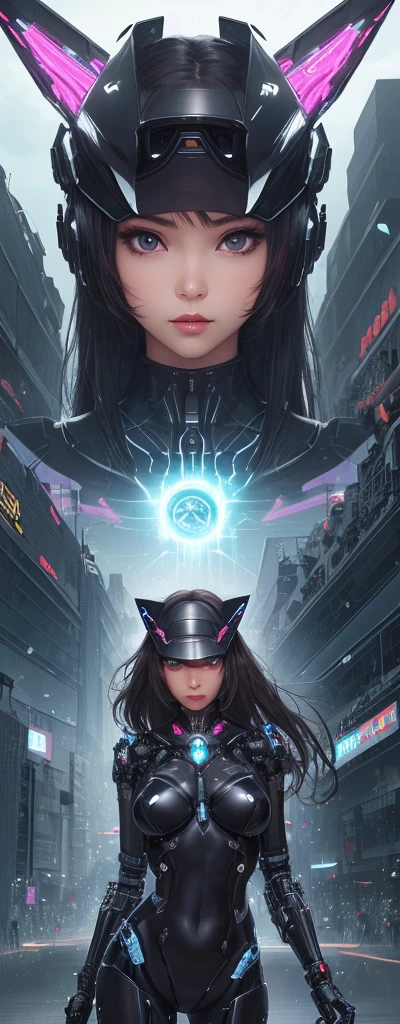 1 Girl, Skin-Tight Body-suite, (Black Body-Suite), Mecha-Cat Ears, ((wearing cybernetic Visor as Eye-Wear)), Gadgets, (bright white utopia city background with lots of Fauna), Japanese scene, fractalized, fractal_body