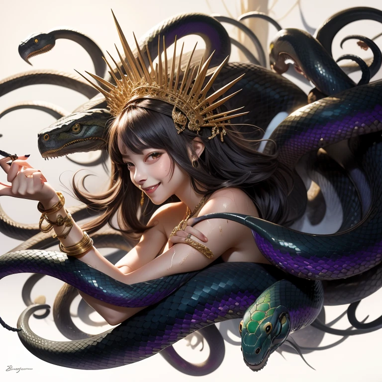 (masterpiece),(best quality:1.0), (ultra highres:1.0), detailed,Woman and snakes、Upper Body、profile、Cool smile、A woman with bare shoulders wearing a white cloth、Ferocious serpent、Real wet scale texture、The surface of the wet scales shines dully.、Menacing serpent、Facing left、Emerald green eyes、Gold Hair Ornament、Gold bracelet、Holding your right hand forward、He has long gold needles on the middle and ring fingers of his right hand.、Some snakes can see into space、Gray purple hair、Medium Hair、A woman, a snake and a mysterious black hand coming out of the darkness、Starry Universe、A white and grey mist surrounds the area