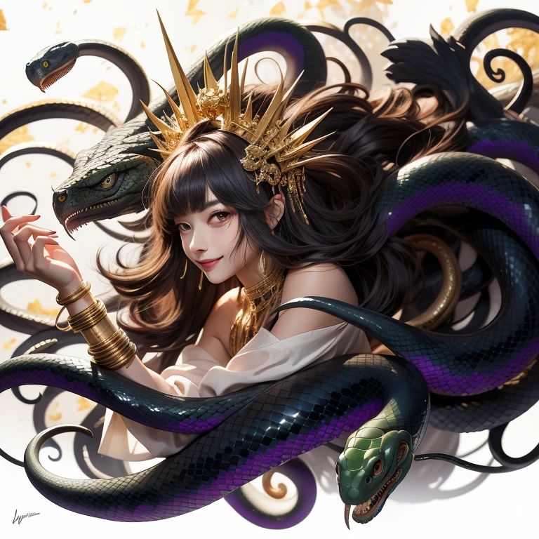(masterpiece),(best quality:1.0), (ultra highres:1.0), detailed,Woman and snakes、Upper Body、profile、Cool smile、A woman with bare shoulders wearing a white cloth、Ferocious serpent、Real wet scale texture、The surface of the wet scales shines dully.、Menacing serpent、Facing left、Emerald green eyes、Gold Hair Ornament、Gold bracelet、Holding your right hand forward、He has long gold needles on the middle and ring fingers of his right hand.、Some snakes can see into space、Gray purple hair、Medium Hair、A woman, a snake and a mysterious black hand coming out of the darkness、Starry Universe、A white and grey mist surrounds the area