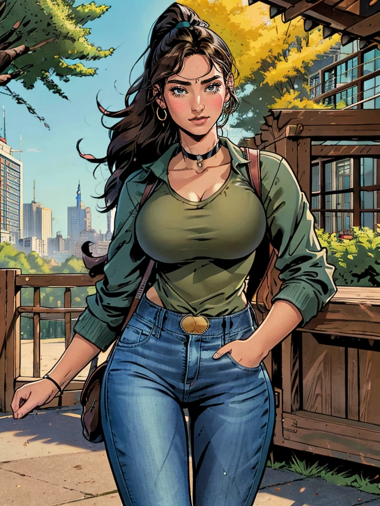 (masterpiece, top quality, best quality, official art, beautiful and aesthetic:1.2), (1girl:1.3), dark brown hair pulled back, elegant updo, extremely detailed, portrait, looking at viewer, facing viewer, solo, (full body:0.9), detailed background, close up, kindly eyes, (warm summer park theme:1.1), busty woman, charlatan, smirk, mysterious, long hair, huge ponytail, slim, thin, athletic, womanly, elastic woman, dark green jacket, tank top, blue jeans, hair bandana, camera bag, brunette, city, heroic, cheerful, city exterior, park, street, daylight, soft lighting, natural lighting, athletic, strong, slim waist, slim hips, long legs, muscular legs, modern (city park exterior:1.2), background, bright mysterious lighting, shadows, magical atmosphere, dutch angle, (Abigail Shapiro)