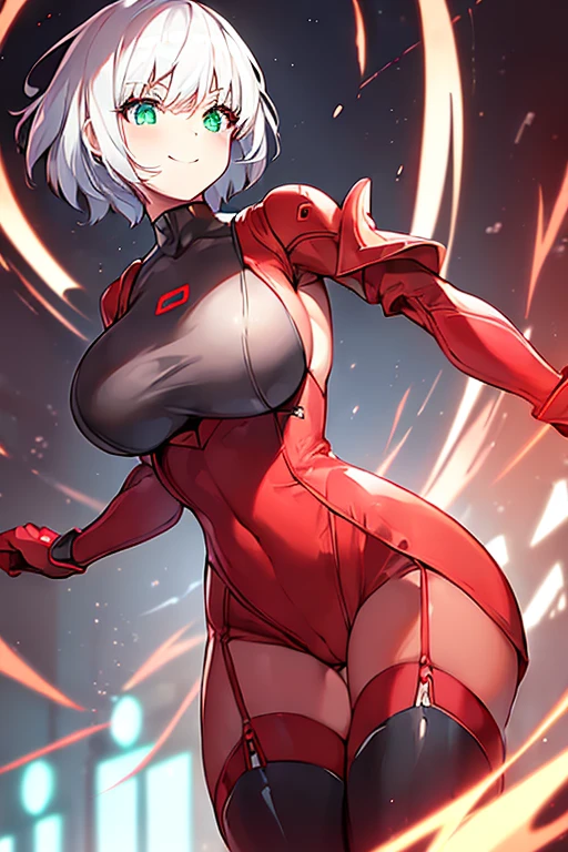 1girl, white hair, very short hair, red bodysuit, bodysuit, green eyes, futuristic, machinery, science-fiction, large breasts, toned, breasts, thick thighs, smile, thighhighs, black thighhighs, ((black thighhighs)), neon trim, neon, neon lights, ((red bodysuit))