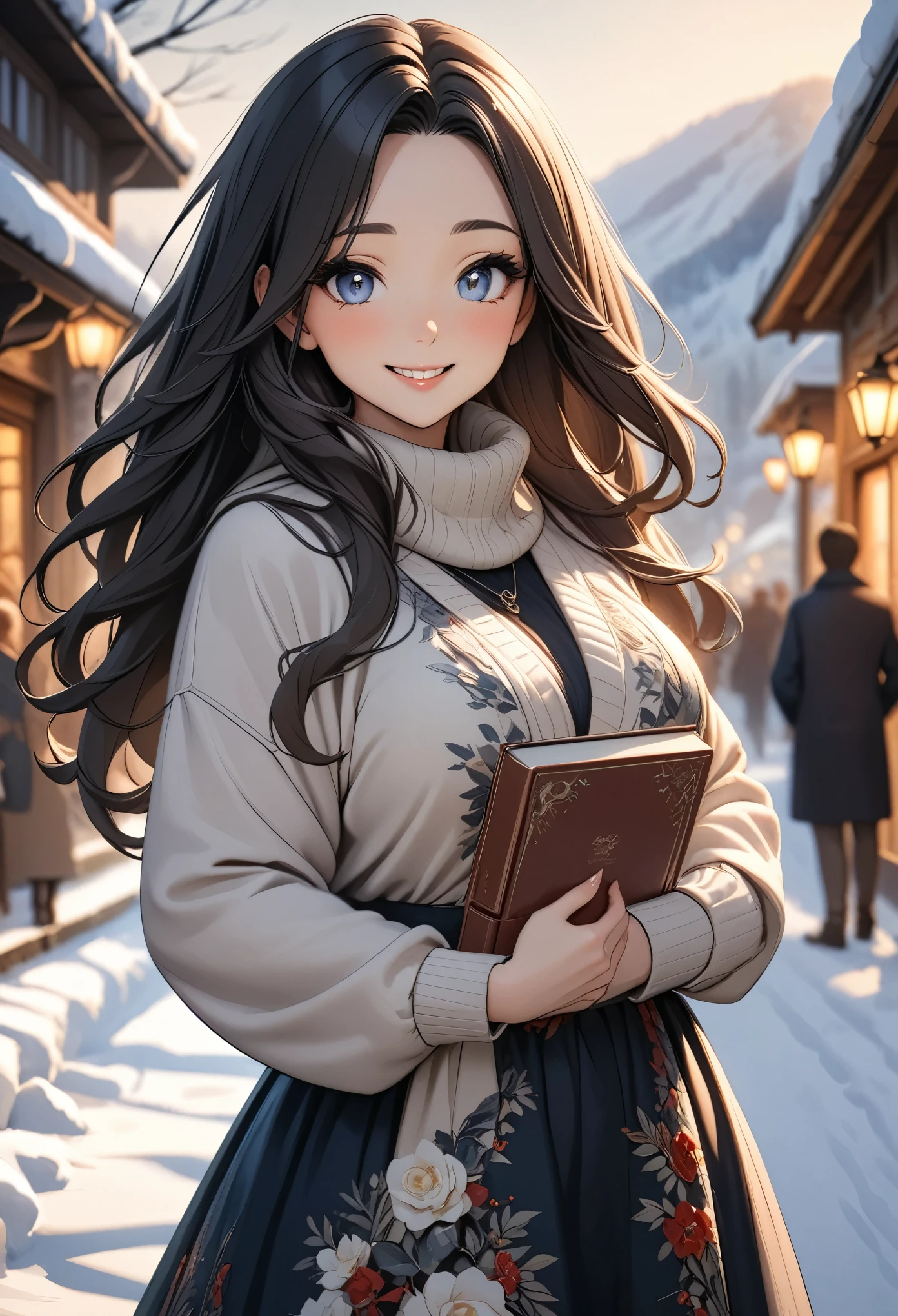 (best quality, high resolution, Extremely detailed), single, Mature girl, long hair girl, Black hair girl, holding a book, winter, Smile, Extremely detailed eyes, Extremely detailed face, Extremely detailed dress, Boyfriend's perspective, short depth of field,,