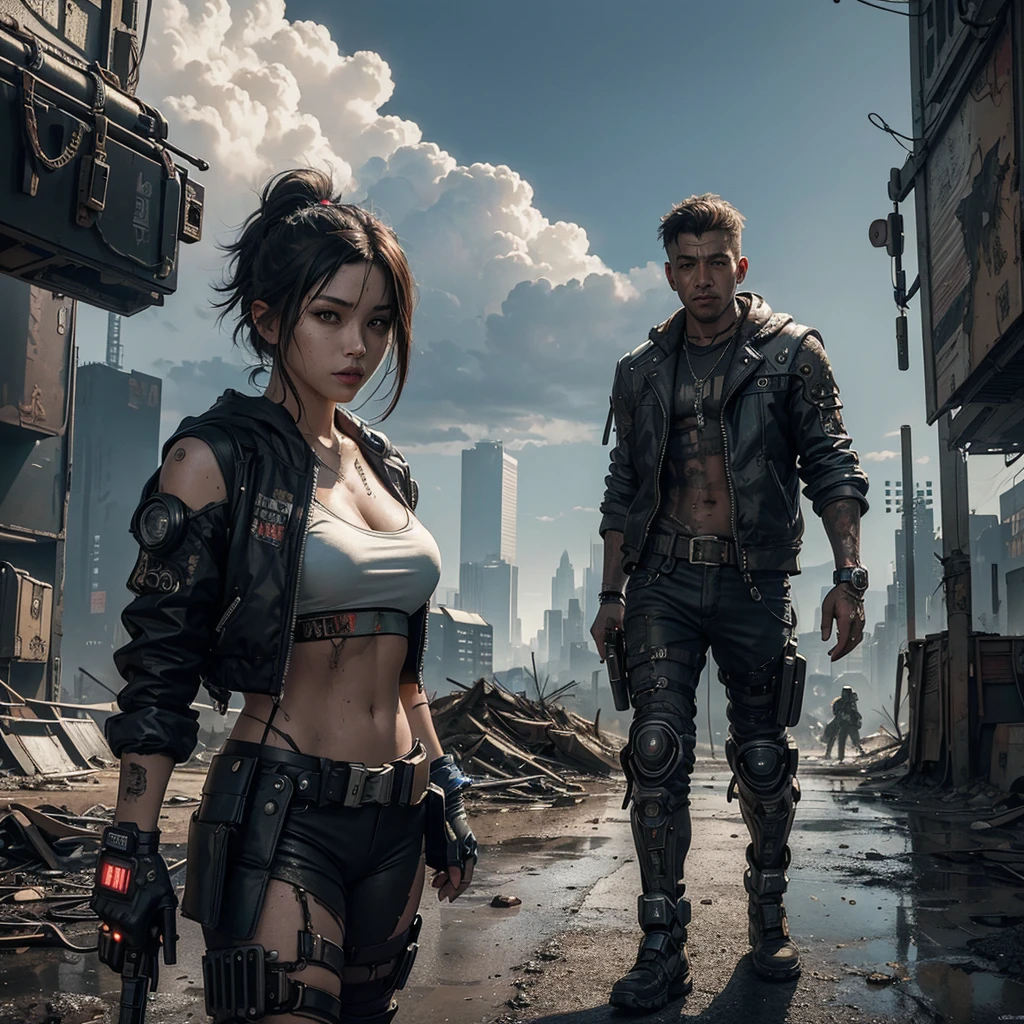 3/4 shot.Unbeatable masterpiece, Ultra photo realsisim, Perfect Artwork, Intricate details, Best Quality, strong lights,High contrast,((Post apocalyptic futuristic Cyberpunk city