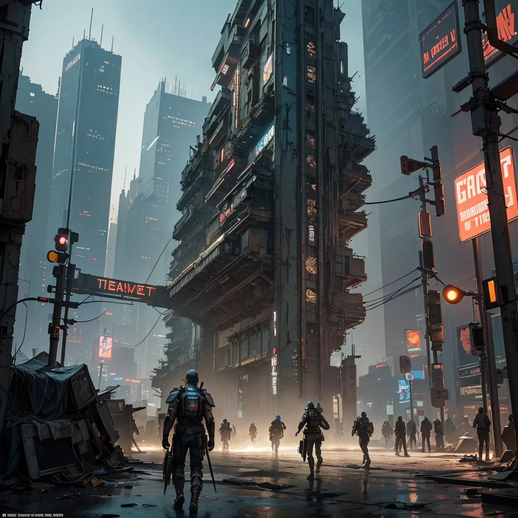 3/4 shot.Unbeatable masterpiece, Ultra photo realsisim, Perfect Artwork, Intricate details, Best Quality, strong lights,High contrast,((Post apocalyptic futuristic Cyberpunk city