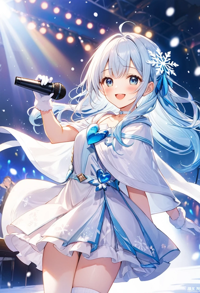 masterpiece, best quality, extremely detailed, (illustration, official art:1.1), 1 girl ,(((( light blue long hair)))), ,(((( light blue long hair)))),light blue hair, ,10 years old, long hair ((blush)) , cute face, big eyes, masterpiece, best quality,(((((a very delicate and beautiful girl))))),Amazing,beautiful detailed eyes,blunt bangs((((little delicate girl)))),tareme(true beautiful:1.2), sense of depth,dynamic angle,,,, affectionate smile, (true beautiful:1.2),(flat chest)), official art,extremely detailed CG unity 8k wallpaper, perfect lighting,(masterpiece:1.0), (best_quality:1.0), ultra high res, 4K, ultra-detailed, 8K, HDR, highres, absurdres:1.2, blurry background, bokeh:1.2, lens flare, , (microphone:1.5), , 1girl,stage, long hair, a girl in a costume holding a microphone on hand is singing in idol live concert ,White mini skirt、 ear monitor,,open mouth a little,light smile,ear monitor,Fluffy Costume , uphair,heart,White choker、masterpiece, best quality, concert venue, 1girl, solo, stage in the background, stage lighting, stage spotlight, dancing, singing, smile, ((half twin:1.4))、Fluffy white hair ornament、Crystal of snow,white cloak,White poncho、 White dress、White long gloves,snowflake patterns,Full body image, Panorama, snow, flying snowflakes、White knee socks and white long boots、white album、darkness ,