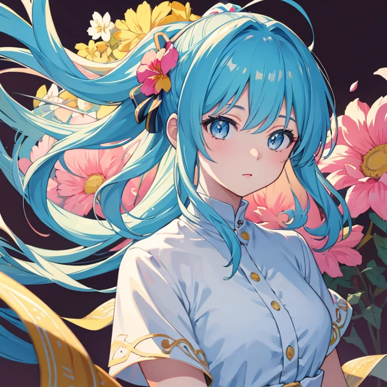(masterpiece), (best quality), (ultra detailed),(disheveled hair),(illustration), (1girl), (Fashionable clothing), standing, Fashion model, looking at viewer, (interview), (simple background),beautiful detailed eyes, delicate beautiful face, Floating,(high saturation),(colorful splashes),colorful bubble,(shining), focus on face, ponytail, kamisato ayaka, light blue hair, bangs, hair ring, floating flowers, floating hairs, (shining), best lighting, best shadow,