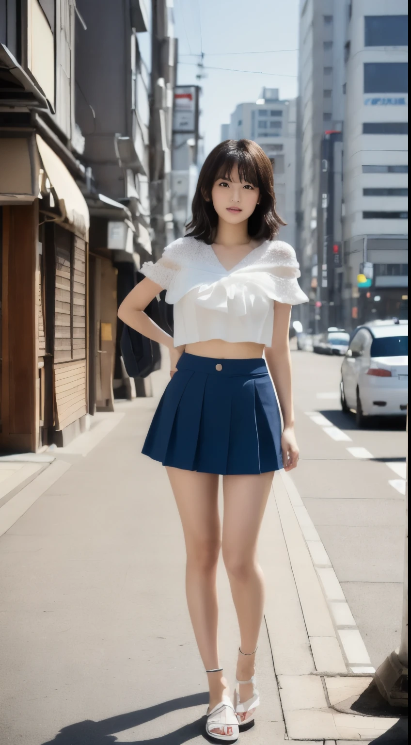 Arabian woman standing on the street wearing a short skirt and crop top, Japanese model, Japanese clothes, Reality Girls, Japanese goddess, A young and cute gravure idol, Young Gravure Idol, Set on the rooftops of Tokyo, Wearing a white skirt, Wearing a top and shorts, sakimichan hdri, Japanese, realistic Young Gravure Idol、Glamour