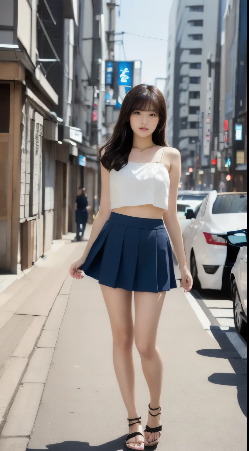 Arabian woman standing on the street wearing a short skirt and crop top, Japanese model, Japanese clothes, Reality Girls, Japanese goddess, A young and cute gravure idol, Young Gravure Idol, Set on the rooftops of Tokyo, Wearing a white skirt, Wearing a top and shorts, sakimichan hdri, Japanese, realistic Young Gravure Idol、Glamour