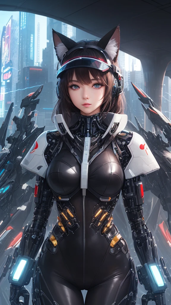 1 Girl, Skin-Tight Body-suite, (Black Body-Suite), Mecha-Cat Ears, ((wearing cybernetic Visor as Eye-Wear)), Gadgets, (bright white utopia city background with lots of Fauna), Japanese scene, fractalized, fractal_body