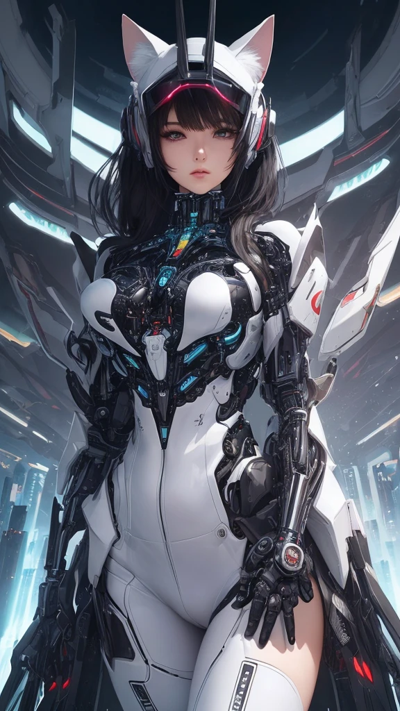 1 Girl, Skin-Tight Body-suite, (Black Body-Suite), Mecha-Cat Ears, ((wearing cybernetic Visor as Eye-Wear)), Gadgets, (bright white utopia city background with lots of Fauna), Japanese scene, fractalized, fractal_body