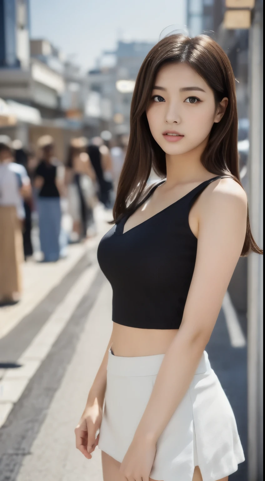 Arabian woman standing on the street wearing a short skirt and crop top, Japanese model, Japanese clothes, Reality Girls, Japanese goddess, ((Crisp double eyes)), Young Gravure Idol, Set on the rooftops of Tokyo, Wearing a white skirt, Wearing a top and shorts, sakimichan hdri, Japanese, realistic Young Gravure Idol、Glamour