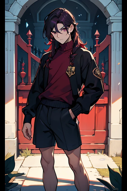 Hombre joven, cabello largo morado, ojos morados, gorra oscura, jersey cuello alto sin mangas oscuro, shorts morados, dark waist sweater