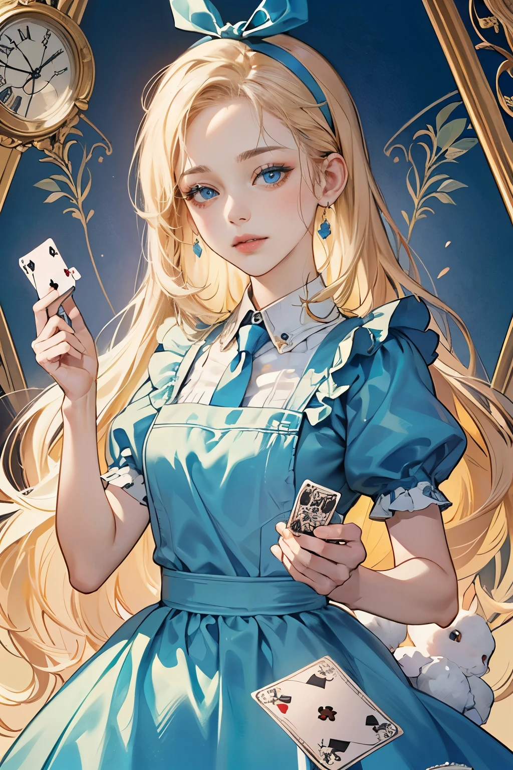 (masuter piece、top-quality、Mystical、Beautifully Aesthetic、portrait、)、1 girl 、patterns、(alice in the wonderland:1.2)、(Tie your hair with a ribbon、Blue Dress、White Apron、blond hair, Blue eyes)、(bunny rabbit、PlayingCards、tea cup、pocket watch)、 highly colorful、Abstract background、Fantastical
