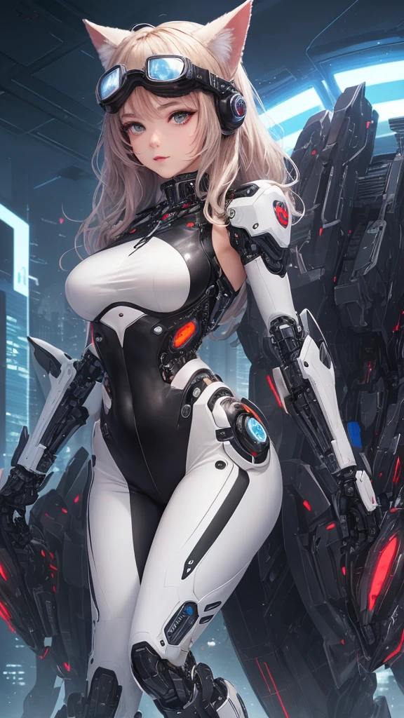 1 Girl, Skin-Tight Body-suite, (Black Body-Suite), Mecha-Cat Ears, ((wearing cybernetic goggles as Eye-Wear)), Gadgets, (bright white utopia city background with lots of Fauna), Japanese scene, fractalized, fractal_body