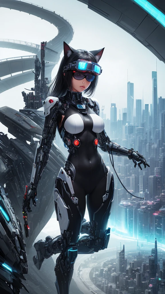 1 Girl, Skin-Tight Body-suite, (Black Body-Suite), Mecha-Cat Ears, ((wearing cybernetic goggles as Eye-Wear)), Gadgets, (bright white utopia city background with lots of Fauna), Japanese scene, fractalized, fractal_body