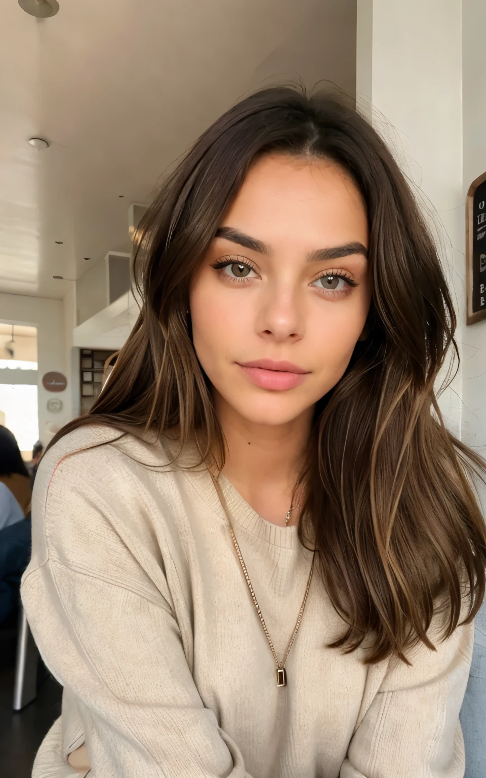 Beautiful brunette with blonde highlights wearing a beige sweater (en un cafe bebiendo refresco), MUY DETALLADO, 22 years, cara inocente, cabello ondulado natural, ojos azules, high resolution, jefe de'obra de arte, mejor calidad, detalles intrincados, MUY DETALLADO, Sharp focus, piel detallada, textura de piel realista, textura, Ojos detallados, profesional, 4k, Sonrisa encantandora, filmado em Canon, 85mm, profundidade superficial de campo, Colores Kodak Vision, Cuerpo perfectamente ajustado, extremadamente detallado, Photographyr_\(ultra\), Fotorrealista, realista, after treatment, Maximum details, aspereza, vida real, ultra realista, fotorrealismo, Photography, 8K, ah, Photography