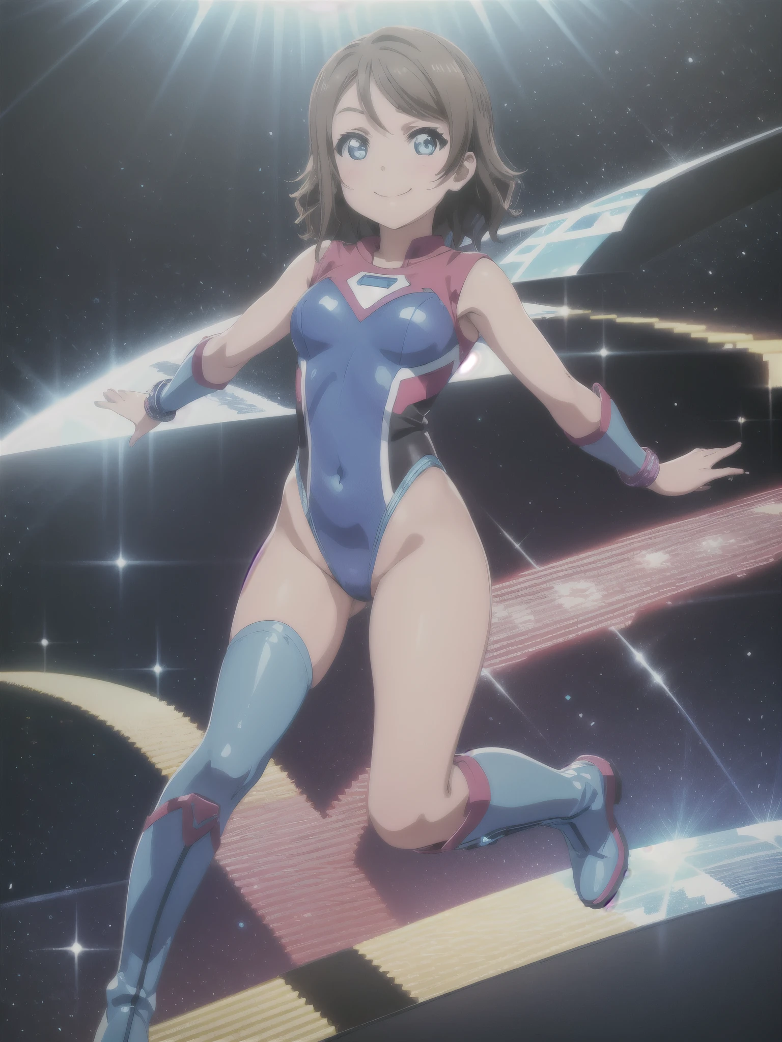 (((pixel-perfect, detail-perfect))), solo, 1girl, you watanabe, looking at viewer, leotard, blue leotard with red accents, bare legs, smile, boots, matching boots, bracelets, superhero, space backdrop