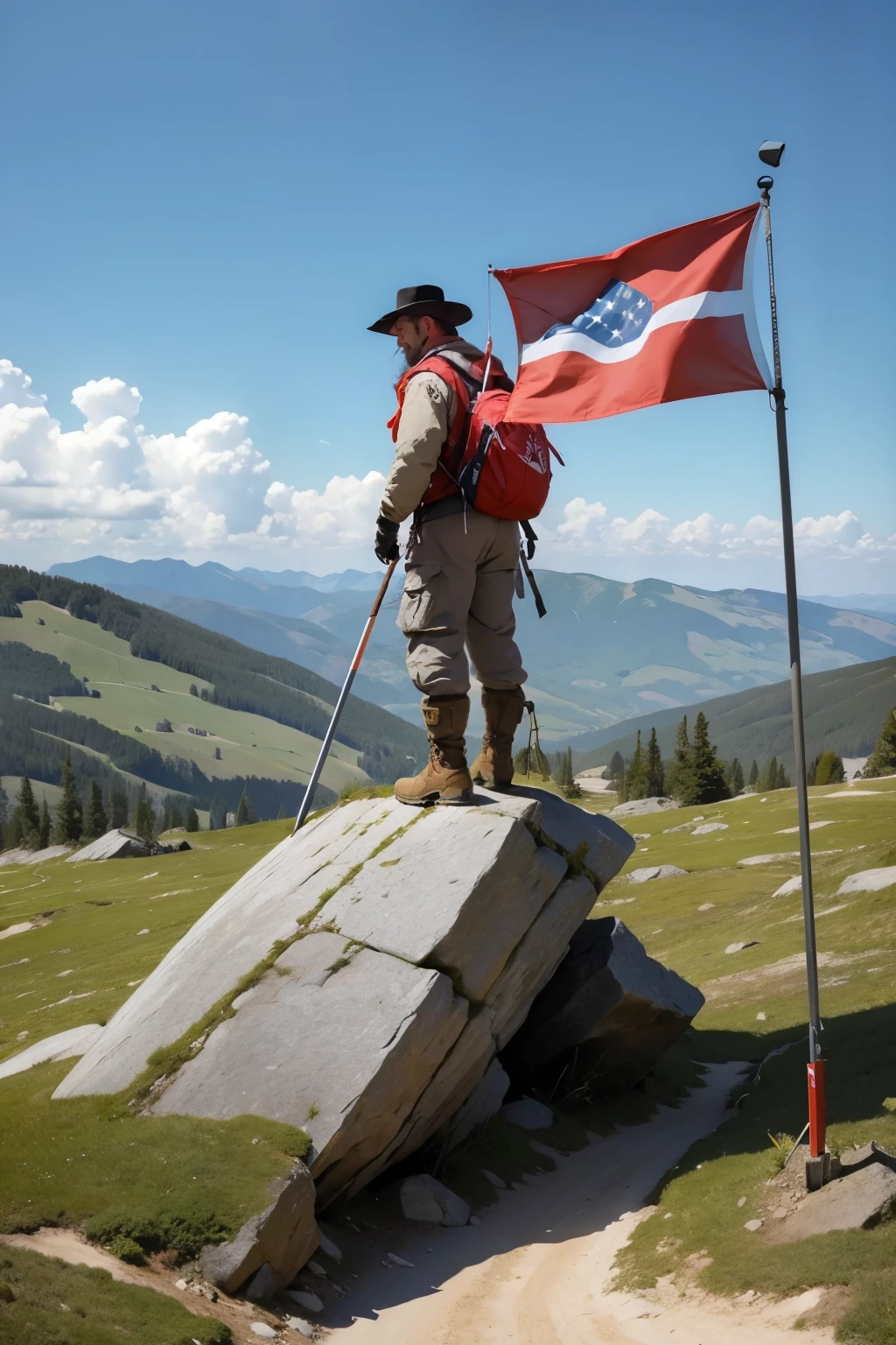 man on top of the mountain according to a flag stuck in the ground