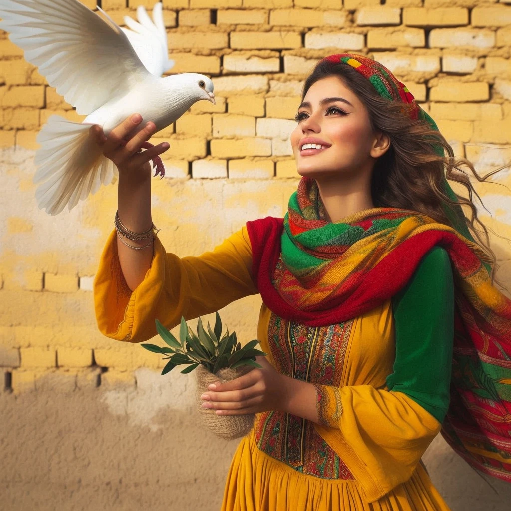 araffe woman in a colorful dress holding a white dove, beautiful iranian woman, pale-skinned persian girl, traditional clothes, beautiful arab woman, gorgeous woman, very beautiful woman, very very beautiful woman, traditional beauty, very beautiful photo, traditional clothing, portrait shot, very extremely beautiful, wearing beautiful clothes, beautiful woman, goddess of love and peace, incredibly beautiful
