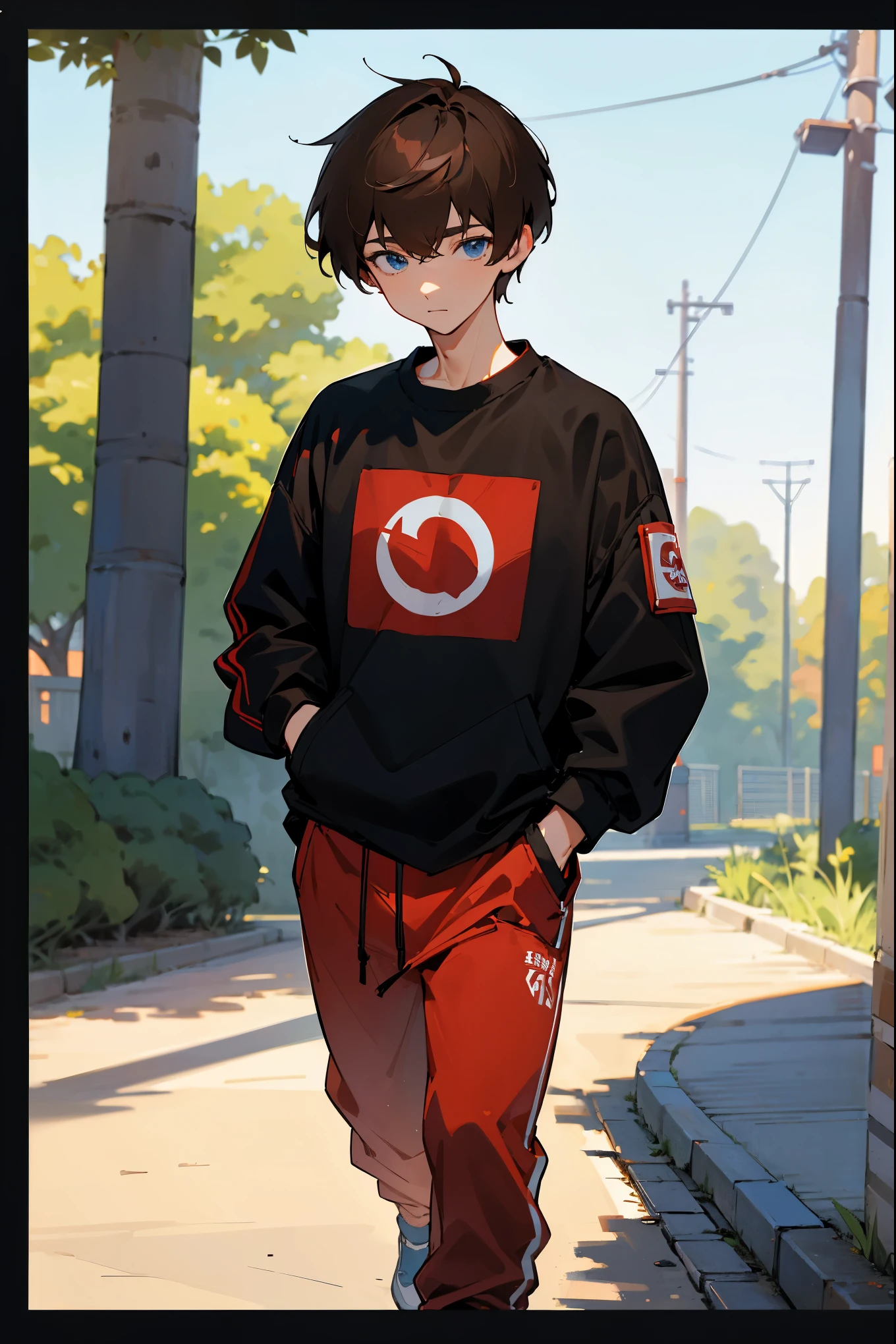 1male, bowl cut, brown hair, blue eyes, graphic black tee, red baggy jacket, red gym joggers, jogging pants, park background, standing on path, hands in pockets, detailed clothing, detailed background