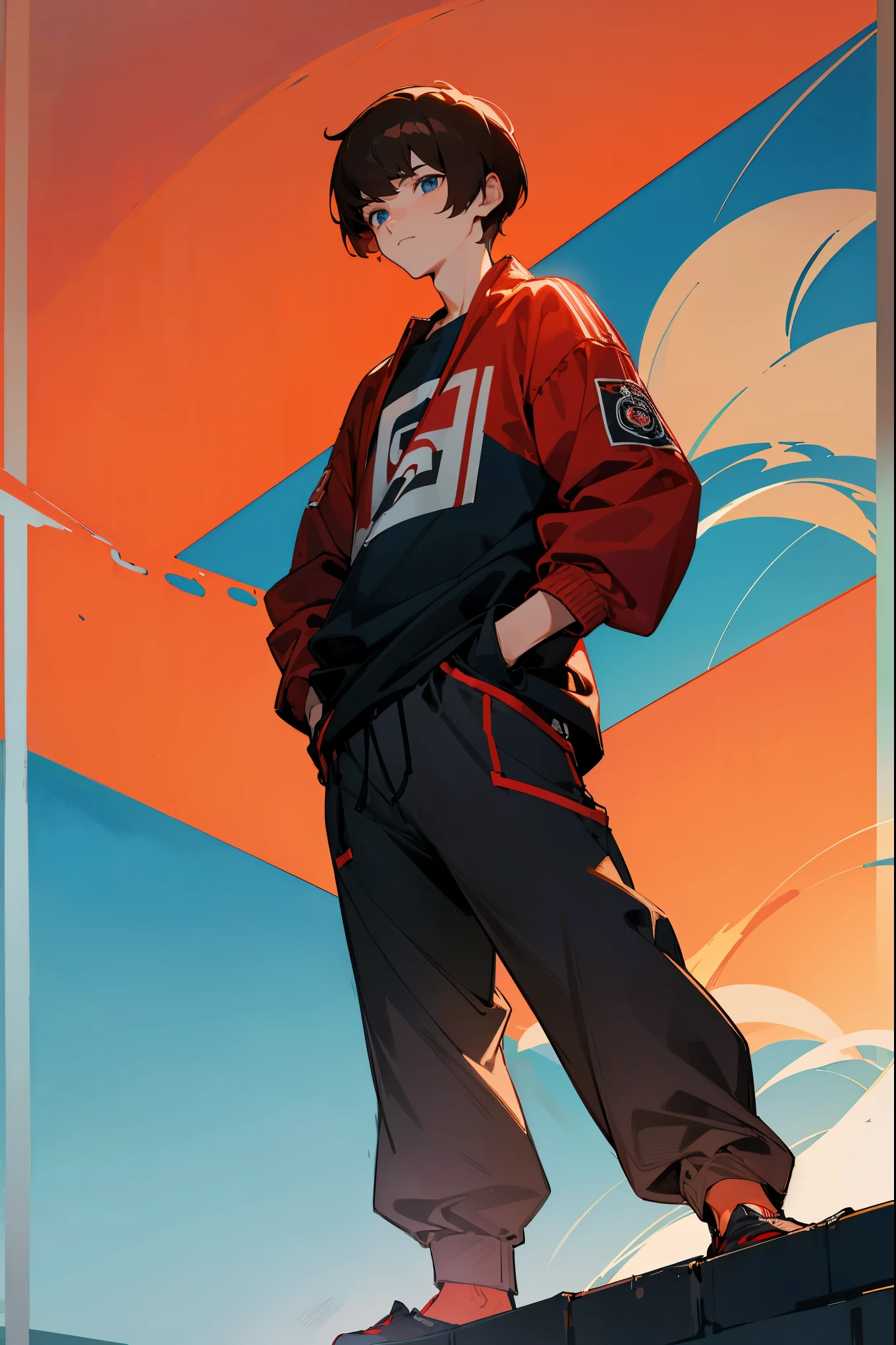 1male, bowl cut, brown hair, blue eyes, graphic black tee, red baggy jacket, red gym joggers, jogging pants, park background, standing on path, hands in pockets, detailed clothing, detailed background