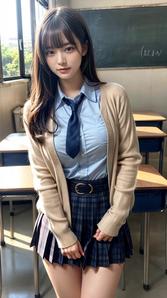 masterpiece, best quality, illustration, Super detailed, fine details, High resolution, 8K,wall paper, perfect dynamic composition,(Details High quality, realistic depiction of eyes:1.3), High School Classroom、High school girl uniform、Cardigan、Super Short Check Uniform Skirt、Navy blue high socks、garterbelts、Colossal tits、Disturbed uniform、wavy hair, black hair color, Big Natural Color Lip, bold sexy pose, (perfect body shape), crying a little、Harajuku style、20 year old girl、cute type, beautiful legs, hposing Gravure Idol, Voluptuous thighs