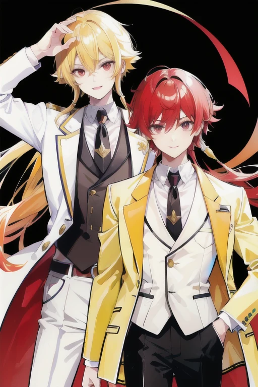 They are twin brothers, two muscular boys, one is the most serious, he has very light and long yellow hair, he has fair skin with red eyes, he wears a suit and has a gun and the other is more smiling, short and red hair, skin with vitiligo, very light parts and other brown eyes. yellow wears a suit and has a gun