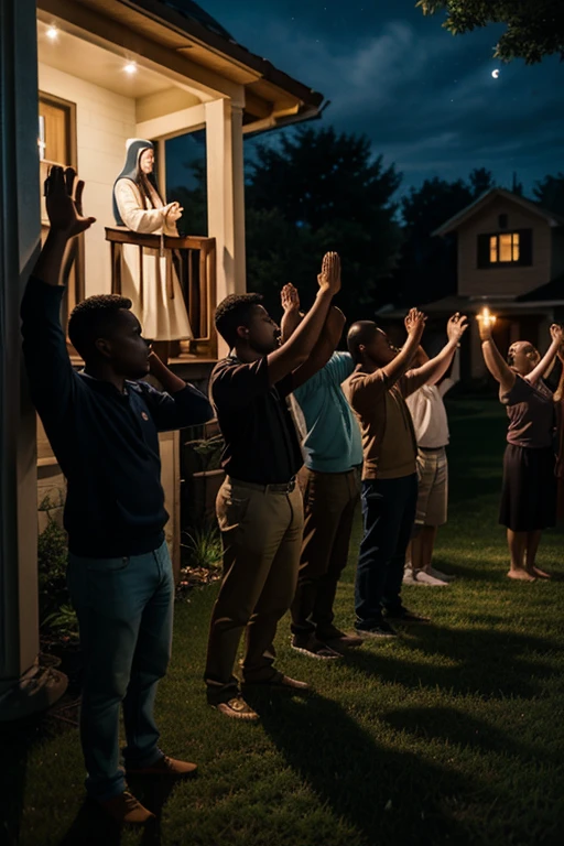 Christian meeting of a few people in front of a house in the style of Vernon Dudley at night praying to God in private among men, women and children raising their arms and worshiping happily