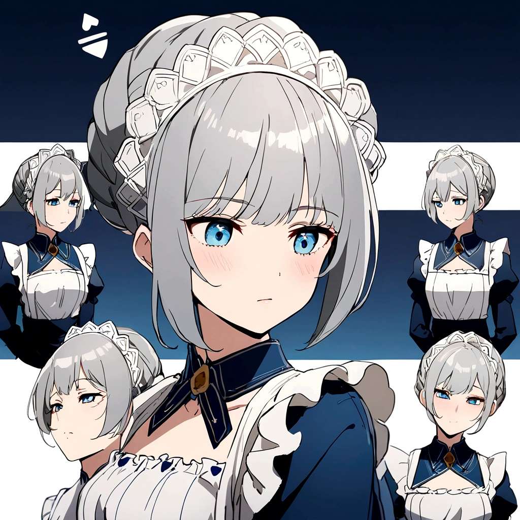 Anime style,Character Sheet,(masterpiece, 8k, highest quality, Very detailed, 1 mature japanese woman), (Consistent personality, same characters), (Gray Hair, blue eyes), (Very detailed顔と肌の質感, fine grain), Slender figure,Small breasts,(Maid clothes), White Background, Multiple facial expressions,(Multiple Views, Multiple Angles), Side view, Front view, look up, Looking down, Rear View, 20-degree head view,Plain background,Beautiful background