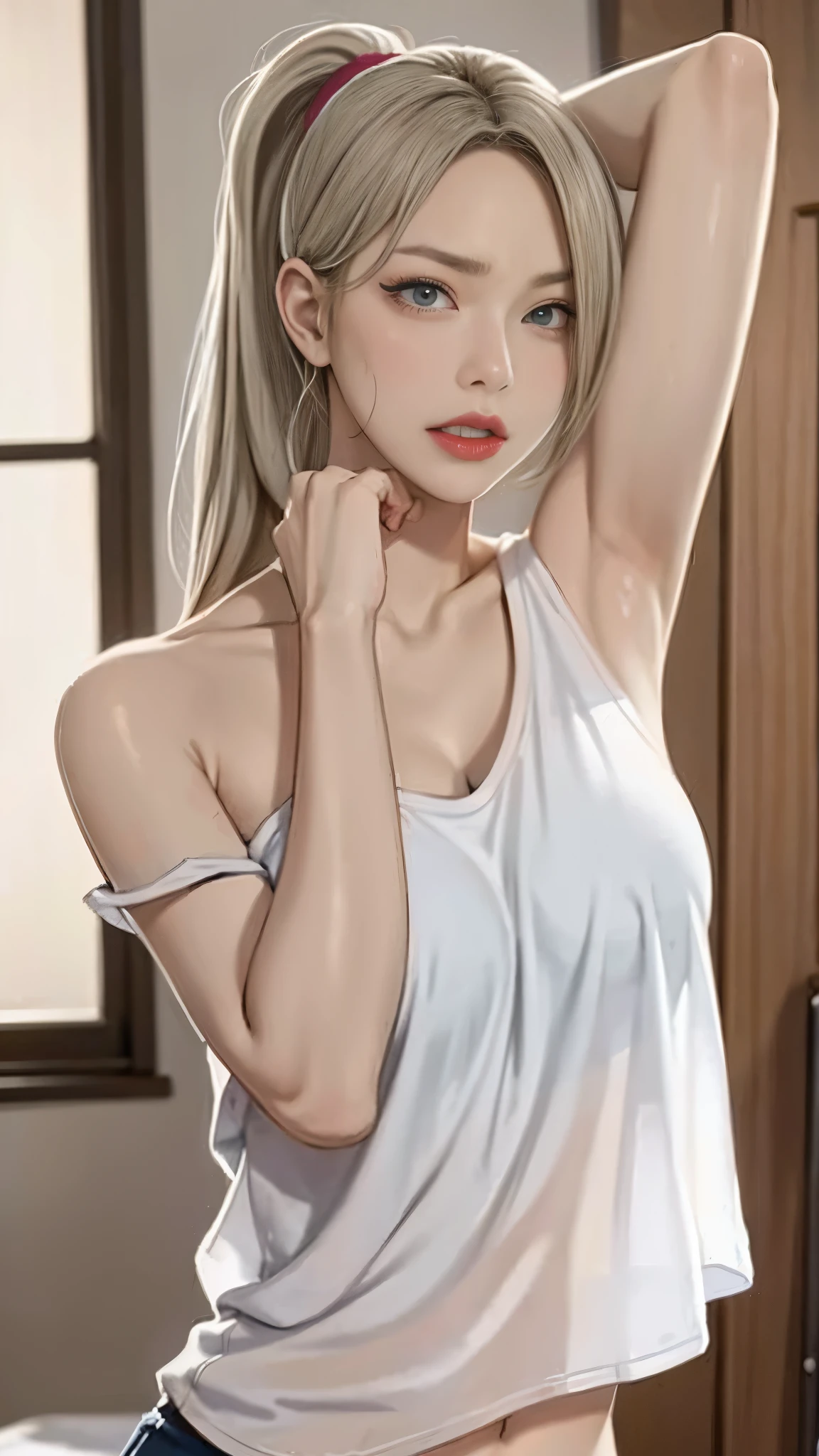 masterpiece, highest quality, 1 girl, naked shirt, shirt tug, shirt, off shoulder, ponytail, Sweaty armpits, big 