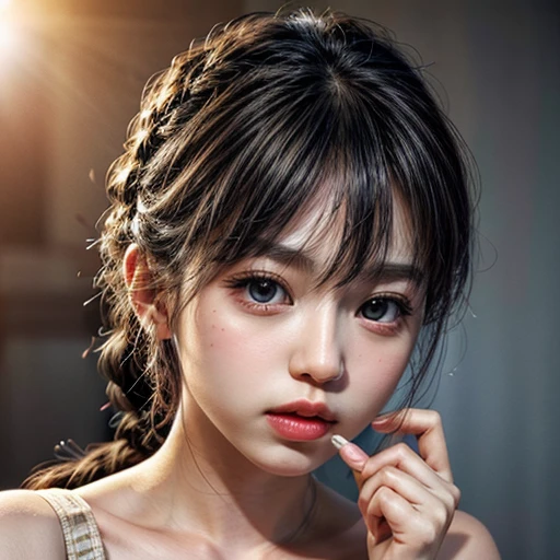 (highest quality,Super detailed,Physically Based Rendering:1.2), (RAW, Realistic, Photorealistic:1.37), (Acutance:0.85),Portraiture,Beautiful young woman with Delicate facial features,Soft lighting, ((Playfully licking finger with tongue, Gently placing a finger in the mouth)), (Close-up shot of sensual lips),Cheeks turn slightly red,A gentle and captivating gaze, cute BabyLike finger . Studio gray background, Light Particles, many blurred colorful Lights (dazzling bokeH) . BREAK . (((NOGIZAKA face variations))) Extremely Detailed very KAWAII face variations, elaborate detailed Eyes with (sparkling highlights:1.2), (Voluminous long eyelashes:0.9)、Glossy RED Lips with beautiful details, Coquettish tongue, Rosy cheeks, Radiant PearlSkin with clear transparency, (Natural:0.7) Detailed FlawlessSkin with glowing DowneyHair . { (Dynamic LifeLike expressions:1.4) | :d) }, (large eyes:-1) . mouth_hold, { Pale Hair | Deep Hair | French Braid hair | OKAPPA },