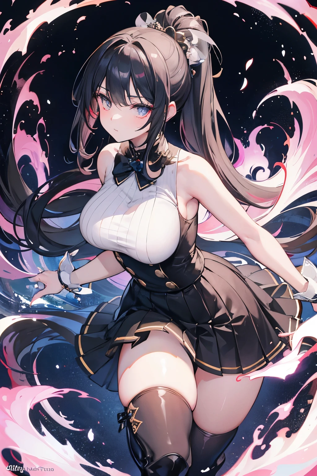 Highest quality、Highest quality、Masterpiece、girl((20-year-old、as soon as、Highest Bust、Medium Bust、Wide open chest、Red glowing eyes、Black Ear、Red Mesh、Disheveled Hair、Loincloth、thin、The best valley、Open chest、hair ornaments、Full body view、Black Universe Suit、Black Skirt、Random Pause、smile、headphone))、high quality、Beautiful Art、background((Collapsing Ground、no gravity、Floating Object、shooting star、universe、comet))、Depth((Earth))、flight、Flying Debris、Depth of text、movie、Visual Arts、Perfect Art、8K、Genuine、Special Angles